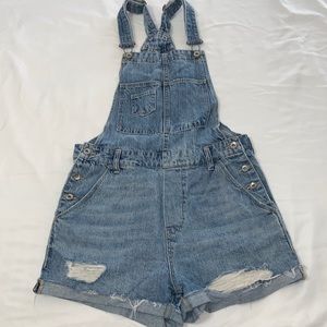Distressed overall shorts